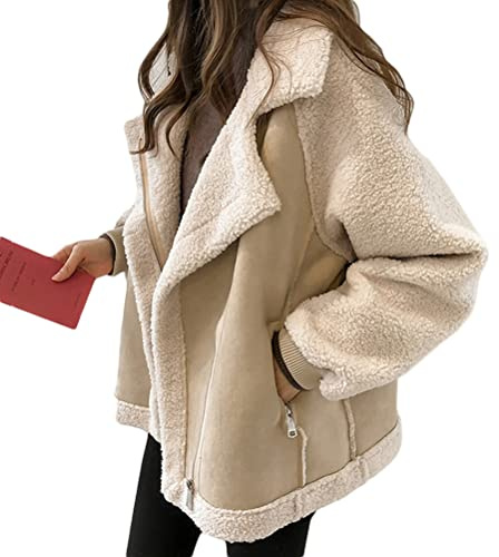 ORANDESIGNE Veste de Moto Femme Hiver Chauds Fausse Fourrure en Mouton Manteau de Moto D'Molleton en Daim Revers Parka B-Abricot XL