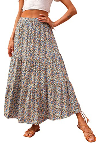 KIRUNDO Maxi Skirts for Women 2026 Summer Boho Floral High Waist Casual Flowy Long Skirt Beach Vacation Cruise Resort Wear(Navy, Medium)