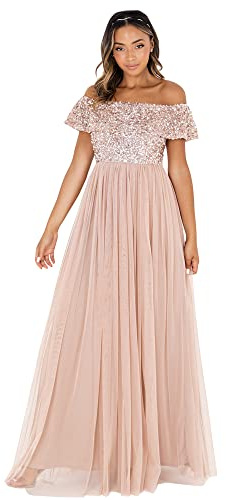 Maya Deluxe Bardotklänning för dam, maxi-ärmlös, ärmlös, tyll för bröllop, gäst, bal, examensbevis, Blush taupe, 54