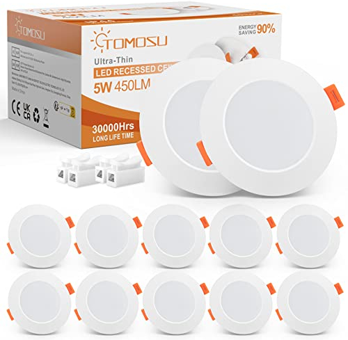 Tomosu Spot LED Encastrable Extra Plat, 5W 450LM Equivalent 50W Incandescence, IP44 Spot Etanche Salle de bain, Blanc Chaud 2700K, Trou Φ75-90mm, AC220-240V, Lot de 10