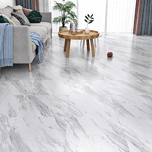 Yullpaper Rivestimento per pavimento in PVC, autoadesivo, effetto piastrelle, grigio e bianco, 24 pezzi, impermeabile, in vinile, 30x30 cm, per pavimenti in piastrelle, per bagno, laminato, bianco