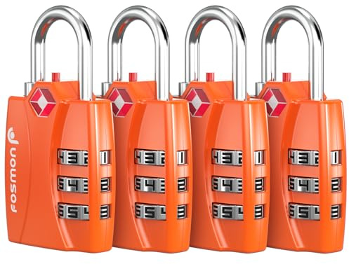 Fosmon TSA Accepted Luggage Locks (Orange - 4 Packs), Open Alert Indicator 3 Digit Combination Padlock Codes for Travel Bag, Suit Case, Lockers