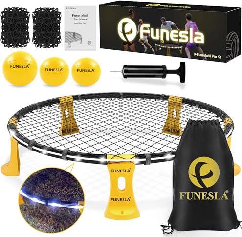 Funesla Ball Pro Roundnet Set Gioca in qualsiasi momento con striscia luminosa 2 tipi Nets-3 Ball kit per il cortile, spiaggia, giardino