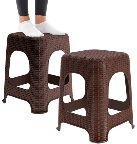 KADAX Pall av plast, stegpall upp till 120 kg, rottingpall med halkfria fötter, badpall, huspall, lätt sittpall, trädgårdspall, pall (2 x set brun)
