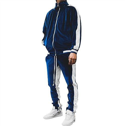 KISSQIQI Herren-Trainingsanzug, 2-teilig, durchgehender Reißverschluss, goldener Samt, Sportanzüge, Freizeit-Outfits, Jacke und Hose, Fitness-Trainingsanzug-Set, Marineblau, XX-Large