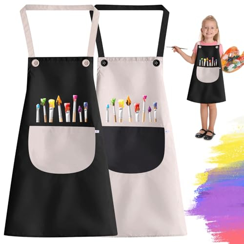 DTXYBC 2 Stück Malschürze Kinder, Wasserdicht Malkittel 6-12 Jahre Mädchen/Junge, Kinder Schürzen Set mit Taschen, Verstellbare Kleinkind Kochschürze, für Basteln Malen Kunst Backen Kochen