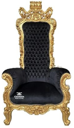 CasAmin Home & Living Poltrona gigante con corona dorata, trono reale trapuntato in velluto nero barocco con finitura dorata per decorazioni commerciali come decorazioni per feste ed eventi