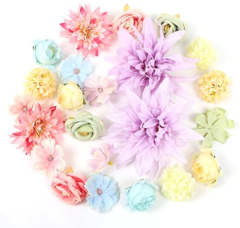 LARDUX 24 PCS Artificial Flower Heads-Craft Fake flower Decoration Mini Silk colourful Flower Heads Bulk Mix for DIY Wedding Party Hair Accessory Scrapbooking Home Decor