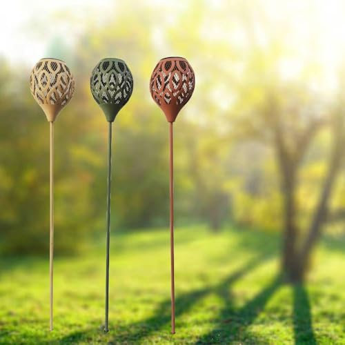 LOLAhome Set de 3 lámparas solares LED de pie con pincho | 3 lámparas de metal de 14x100cm, Naranja, Beige y Verde | Panel solar y bateria autorrecargable y autoencendido | Para Exterior | Sherezade