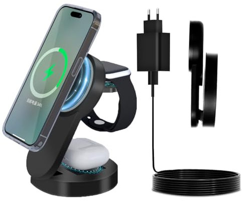 Cargador Inalámbrico 3 en 1, Wireless Charger Rápido Soporte De Carga Inalámbrico Compatible con iPhone 16/15/14/13/12/11/Pro/Max/Plus, Magnética Cargador Carga Rapida 15W Portátil
