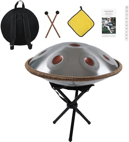 Handpan Drum Tambour en acier mineur D 10 tons 66 cm 440 Hz Instrument de tambour pour yoga, méditation avec sacs à main, support de batterie, chiffon (argenté, 10 tons)