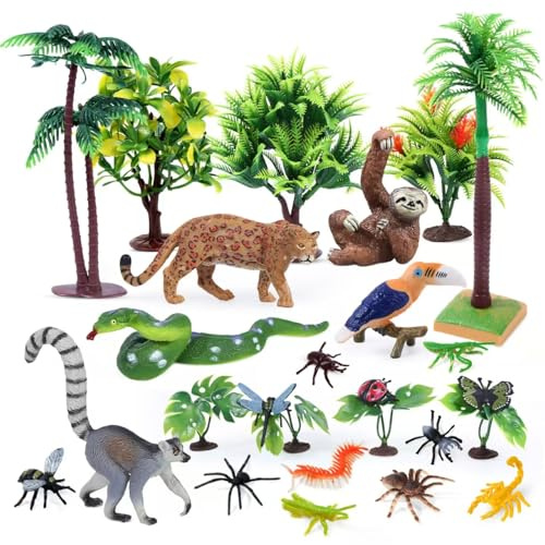 kukifun 26Pcs Rainforest Animal Figures, Realistic Jungle Animals Toys with Snake Sloth Leopard Monkey Bird Insects Trees for Kids Educational Birthday Diorama Decoration Party Favor School Projects
