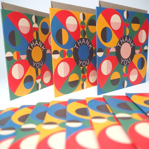 Moderna abstrakta tackkort, 14 x 14 cm, set med 12 med kuvert, geometrisk design, återvunnet papper