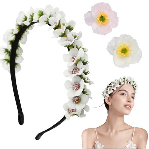 Lot de 2 bandeaux en forme de couronne synthétique et 2 pinces en forme de bec de canard avec fleurs, bohème floral, pour mariages, tournages, cérémonies, fêtes, festivals
