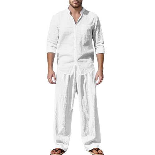 Tuta in lino da uomo, pantaloni estivi e camicia, set completo con bottoni, camicia a maniche lunghe, casual, in due pezzi, traspirante, set da 2 pezzi, tinta unita, per il tempo libero, bianco, L