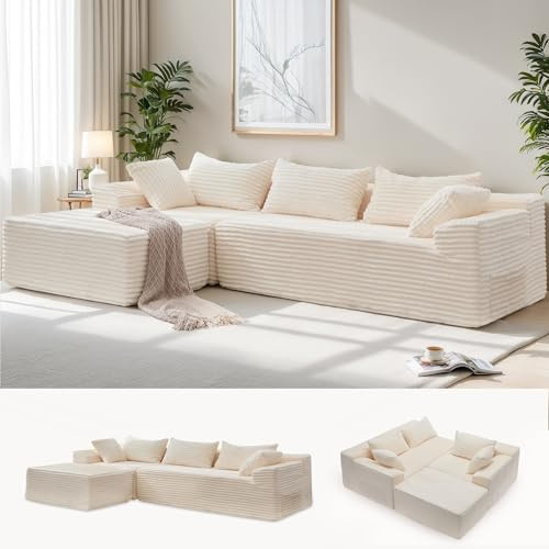 Korser 110 L-Shaped Modular Sectional Sofa with Chaise, Boneless Comfy Corduroy Fluffy Couch with Deep Seat and Side Pockets, Flexible Module Combination for Living Room, No Assembly, Side Pockets