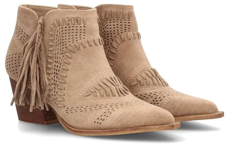 shoes&blues.es Botin de Mujer Estilo Cowboy Diseno Calado Decorativo Detalle Lateral de Flecos, Tacon Ancho, Punta Fina. Sin Cierre.