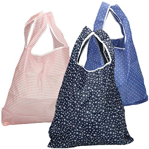 com-four® 3x borsa shopping pieghevole in diversi colori con strisce, stelle e punti in nylon, borsa shopping in borsa per il trasporto (03 pezzi - nero. blu. rosa)