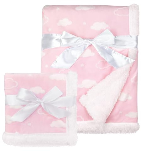 American Baby Company Heavenly Soft Chenille Sherpa Blanket Set, Receiving Blanket (30 x 35) & Security Blanket (14 x 14), 3D Pink Cloud, for Girls