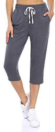 KOJOOIN Damen Sporthosen 3/4 Jogginghose Baumwolle Freizeithose Loose Fit Trainingshose mit Taschen und Kordelzug, für Jogging Laufen Fitness Hohe Taile Sweathose A-Dunkelgrau XL