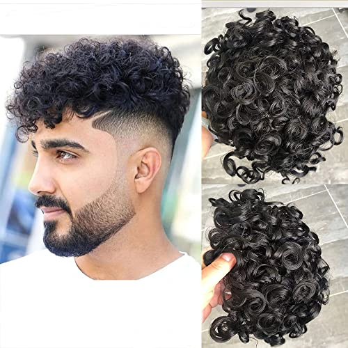 Eversilky 20MM Curly Toupee Durable Full PU Thin Skin Men's Wig Human Hair Men Capillary Prosthesis Comfortable Replacement System Pieces (8 * 10, 1b (off black))