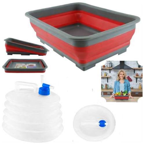 Lot de 2 bols à vaisselle pliables et porte-eau, 1 bac pliable aléatoire de 10 l et un réservoir d'eau de 5 L sans BPA avec robinet, ensemble utilitaire portable pour camping, cuisine, voyage