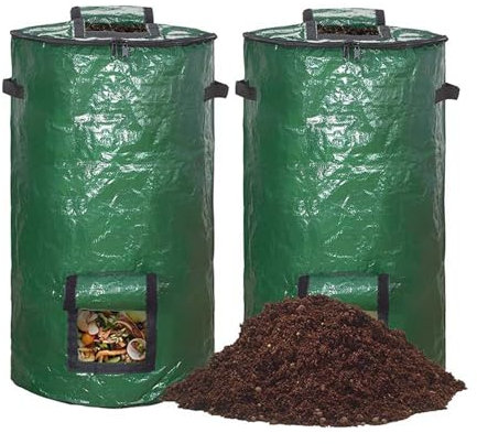 Micmetago Lot de 2 composteurs de jardin avec couvercle - Stable et pliable - 120 l - Vert - Cylindrique