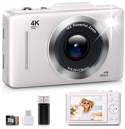 Digitalkamera, FHD 1080P barnkamera digital med 16 x zoom anti-skakning, 32 GB kort, 4K 48 MP bärbar kompakt punkt- och fotograferingskameror, vintage liten kamera för tonåringar nybörjare barn