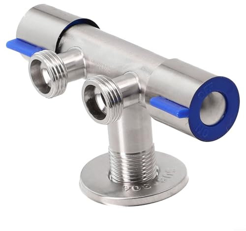 Grifo de doble asa para lavabo, lavadora, grifo de agua fría, acero inoxidable, doble control, 1 entrada y 2 válvulas de ángulo de salida