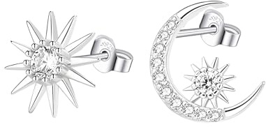 Hinvan Boucles D'oreilles en Argent Sterling 925 Boucles D'oreilles Soleil et Lune Asymétriques Clous d’Oreilles Argent 925 Boucles d'Oreilles Argent étoiles Boucles d Oreilles pour Femme Fille