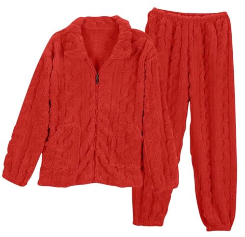 Flodxo Ensemble de pyjama moelleux 2 pièces en polaire pour femme - Chaud et confortable - Veste zippée sur toute la longueur - Haut et pantalon à taille élastique - Vêtements de nuit, Rouge, M