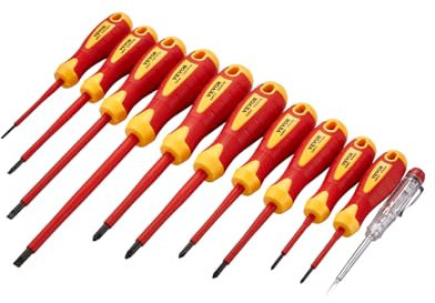 VEVOR Juego de Destornilladores Aislados de 1000 V, 11 PCS Juego de Destornilladores Eléctricos Profesionales con Puntas Ranuradas Pozi Phillips Magnéticas, Comprobador de Voltaje para Electricistas