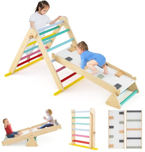 Olakids Pikler Triangle Set 7 in 1 Climbing Toys for Toddlers Foldable Baby Wood Montessori Jungle Gym with Angle Adjustable Ladder Seesaw Ramp Indoor Playground (Colorful)