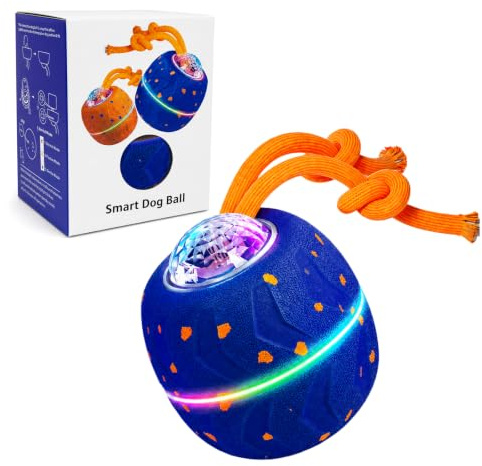 Juguetes para Perros,Bolas Pelota Interactiva Perro con Cuerdas y Ladridos,Bolas de Juguete Rodantes Inteligentes en 3 Modos Juego,E-TPU, USB-C Recargable y Luces LED, Adecuado Para Perros(Azul)
