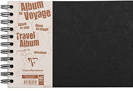 Clairefontaine 781161C Collection Nomaddict (ex Age Bag) Un Album de Voyage à Spirale Noir - A5 paysage - 80 Pages - Papier Blanc 120g Ligné + Papier à Grain Noir 160g - Couverture Lustrée Grain Cuir
