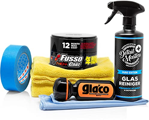 Auto Lack Glas - Versiegelung Lack & Glas: Soft 99 - New Fusso Coat: Hartwachs - Glaco: Scheibenversiegelung - 3M Band - 2 Poliertücher - Detailmasters Glasreiniger - ValetPRO Glasreinigungstuch