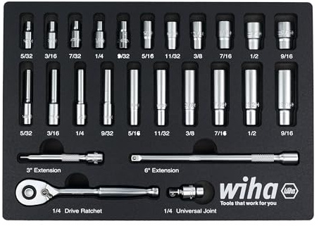 25 Piece 1/4” Drive Standard and Deep Socket Tray Set
