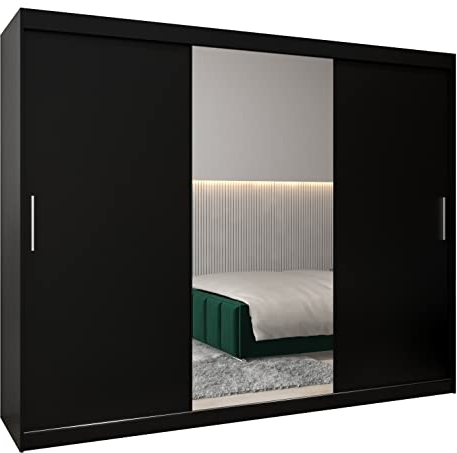 MEBLE KRYSPOL Kleiderschrank mit Spiegel Tokyo 1 - Garderobenschrank - Schrank Schlafzimmer - Mehrzweckschrank DREI Schiebetüren - Regalen - Flur Möbel - Kleiderstange Schrank - Allzweckschrank