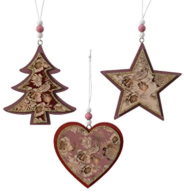 Kaemingk Christbaumschmuck Holz 10cm x 3 Stück Herz Stern Baum mit Blumen Vogel Motiv Ornament Altrosa rosa