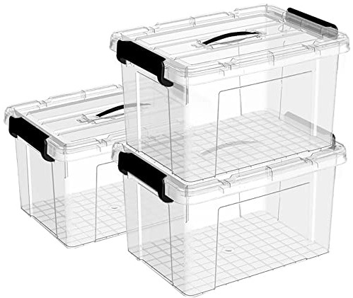 Cetomo 15L*3 Caja de Almacenamiento con Asa, Caja de Plástico con Tapa y Cierre Seguro, Contenedor de Almacenamiento, Duradera, Apilable, Resistentes, Transparente, Paquete de 3 de 15L