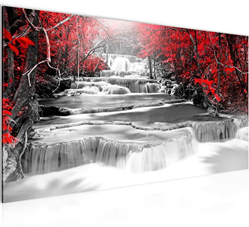 Runa Art Wandbild Wasserfall 1 Teilig 100 x 40 cm Modern Bild auf Vlies Leinwand Natur Wohnzimmer Schwarz Rot 043612a