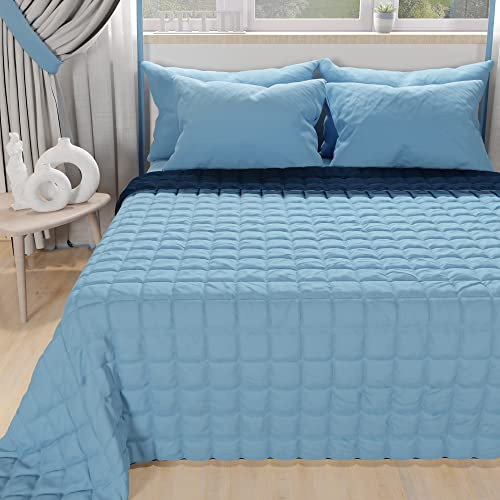 PETTI ARTIGIANI ITALIANI - Colcha en Microfibra Doble Reversible 240x260 cm, Cubre Cama Primavera Doble, Edredón 2 Personas, Azul Celeste