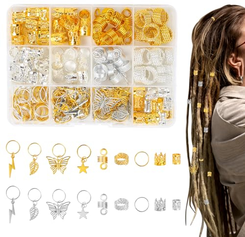 Furuising 200 Stück Aluminium Haarschmuck Dreadlocks, Haar Schmuck, Metall Schmuck Haare Ringe Gold und Silber mit Aufbewahrungsbox für Männer und Frauen