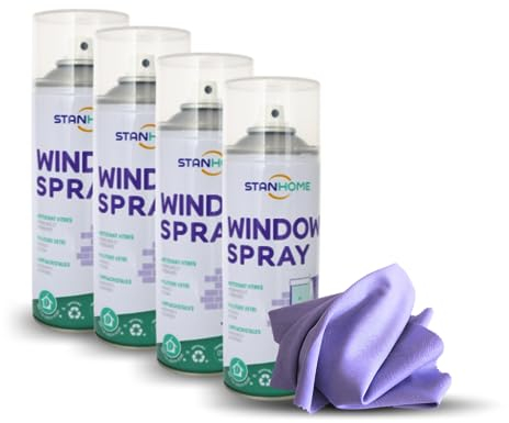 STANHOME Windows Lot de 4 sprays nettoyants pour vitres + chiffon microfibre Extrashine, nettoyage efficace pour vitres, miroirs et verre – Élimine les marques, lustrant (4 x 400 ml)