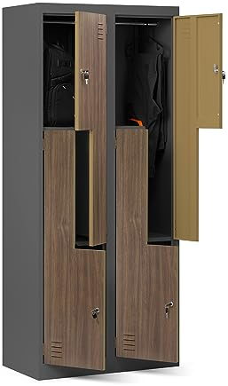 Domator Umkleideschrank Z02 Spind mit 4 Abteilen Kleiderspind Metallschrank Flügeltür Lüftungsschlitzen Pulverbeschichtung 185 cm x 80 cm x 45 cm (Anthrazit-Holzoptik)