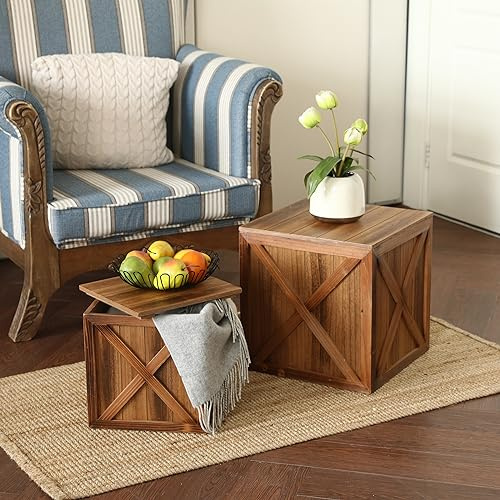 COLLECTIVE HOME - Wood Storage Ottoman, Rustic Storage Stool, 2 Pack Cube Seat Foot Rest Stool, Accent Side Table, Metal Storage Bin for Living Room Furniture, 16/12 (Wood, barn Door)