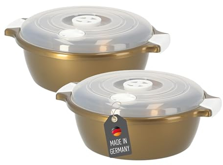 Lantelme 2 Stück Mikrowellenschüssel im Set mit 1,8 Liter mit Dampfventil in Deutschland hergestellt stapelbar spülmaschinengeeignet Kunststoff Schüssel für Mikrowelle Kühl- Gefrierschrank (Gold)