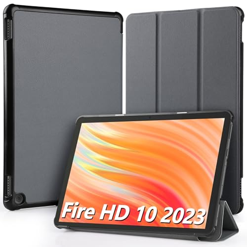 Hianjoo Hülle Kompatibel für Fire HD 10 Tablet 2023 10,1 Zoll, Ultra Dünn Leder Schutzhülle mit Standfunktion Kompatibel für Fire HD 10 13. Generation 10.1, Grau