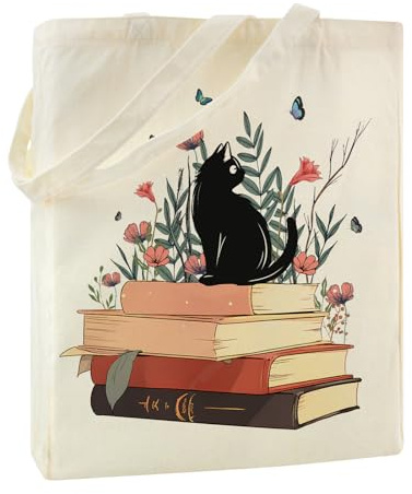Bolsa de algodón estampada de lona para la compra con gato bolsa de tela 35 x 42 x 8 cm, bolso con bolsillo interior, regalos para mujeres, novia, mamá, cumpleaños, Navidad