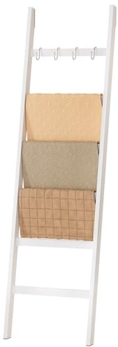Yorbay Handtuchleiter Bambus, 6 Sprossen, Kleiderleiter mit 2 Sturzsicherheitsriemen und 4 Haken, Handtuchhalter Leiter für Dekoratives Badezimmer, Leiter Deko HxB 170 x 43 cm (Weiß)